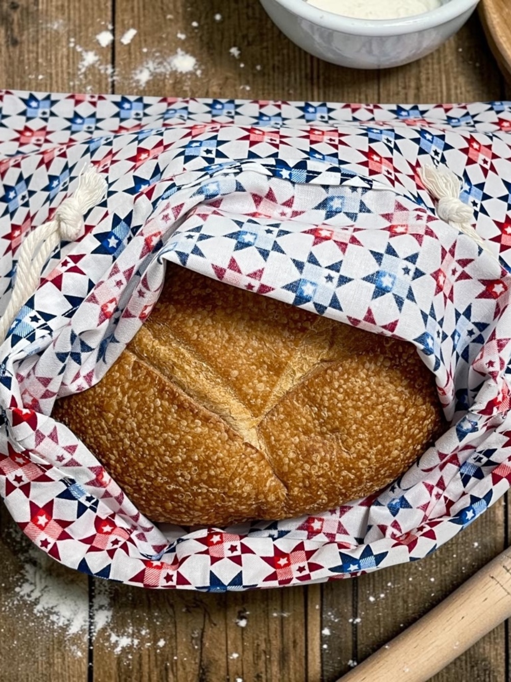 Patriotic Red White Blue Star Bread Bag, Reusable Cotton Bread Storage Bag
